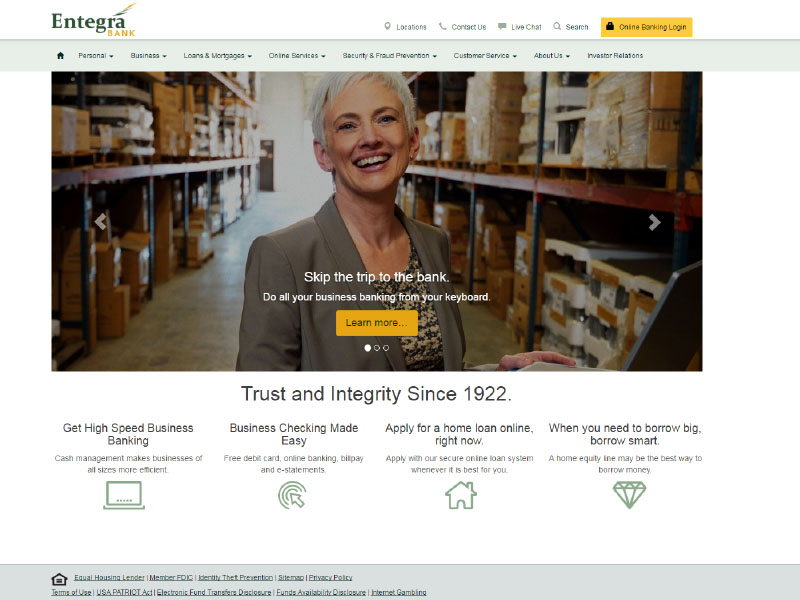 Preview of Entegra Bank website home page